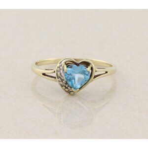 10k Yellow Gold Natural Swiss Blue Topaz & Diamond Heart Ring Size 8 1/4